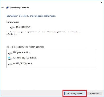 Windows 10 Systemimage Dateien Sicherung starten