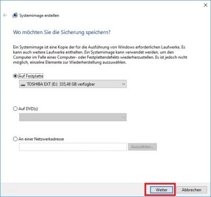 Systemimage externe Festplatte USB Stick 