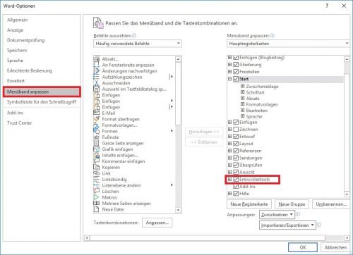 Word Entwicklertools aktivieren