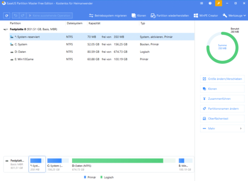 EaseUS Partition Master Free Programmoberfläche