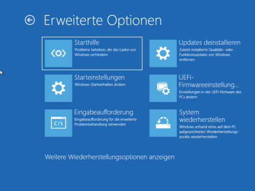 Erweiterte Startoptionen von Windows mit System wiederherstellen