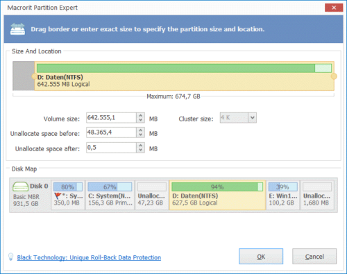 Macrorit Disk Partition Expert Free Edition Größenänderung von Partitionen