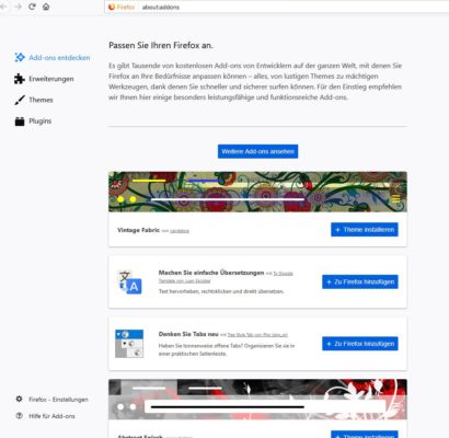 Die AddOns-Verwaltung in Firefox.