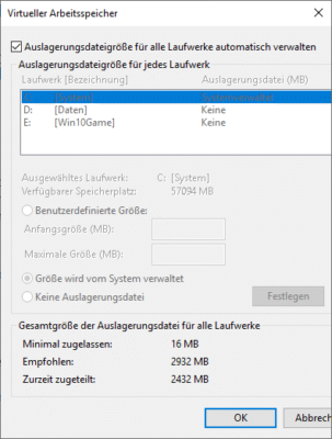 Anpassung der Auslagerungsdatei in Windows 10