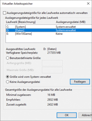 Auslagerungsdatei in Windows 10 anpassen Größe vom System