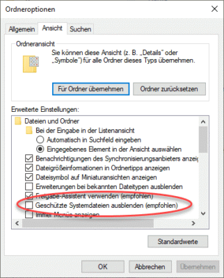 Geschützte Systemdateien wie die Auslagerungsdatei in Windows 10 sind normalerweise im Explorer ausgeblendet.