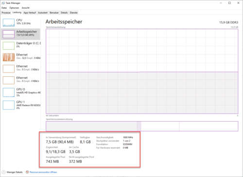 Der Task-Manager zeigt an, wie die Auslagerungsdatei in Windows 10 genutzt wird