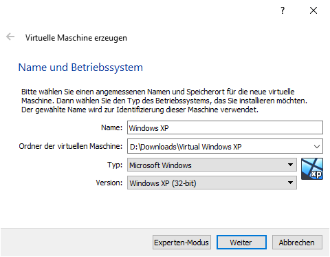 Virtual Box Windows XP einrichten