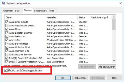 Microsoft Dienste ausblenden