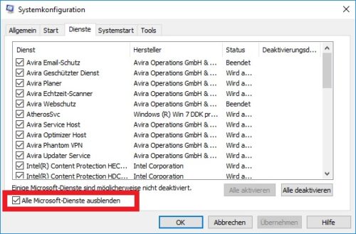 Microsoft Dienste in der Systemkonfiguration ausblenden.