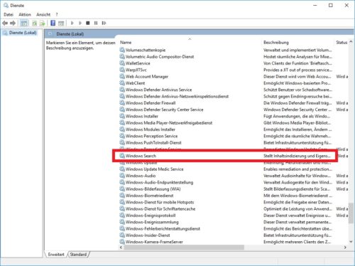 Ansicht der Windows 10 Dienste 