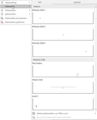 Verschiedene Stilvorlagen für Seitenzahlen in Word