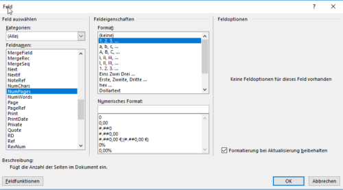 Anzahl der Gesamtseiten mit dem Feld NumPages in Word anzeigen