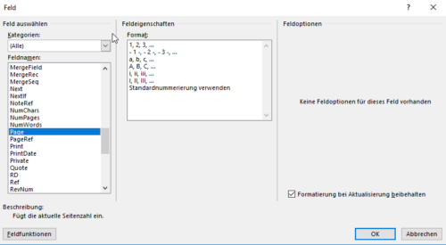 Feldfunktion Page für Seitennummerierung Word