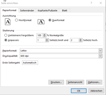 Tabelle auf einer Seite drucken