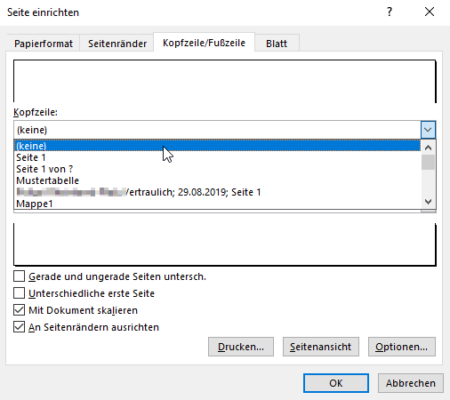 Excel Seitenzahl in der Kopfzeile oder Fußzeile