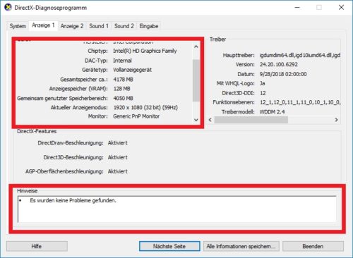 Grafikkarte auf Fehler testen mit Dxdiag