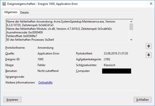 Detailansicht eines Protokoll-Eintrages in der Windows Ereignisanzeige