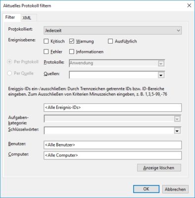 Protokoll-Filter in der Windows Ereignisanzeige 