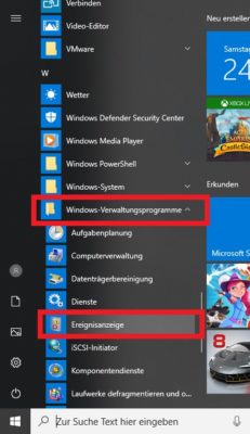 Ereignisanzeige über Startmenü öffnen.