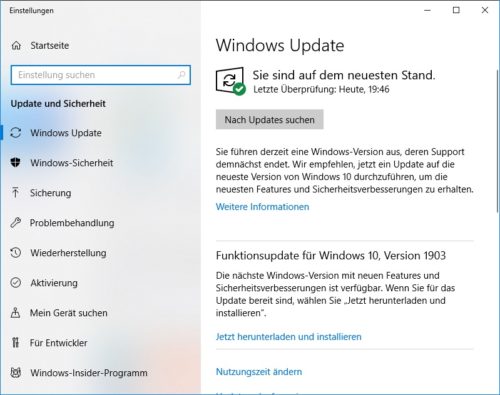Übersicht Windows Update unter Windows 10