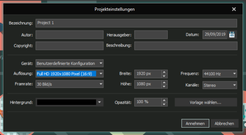 Projekteinstellungen bei VSCD Free Video-Editor