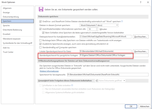 Standardspeicherort für persönliche Office-Vorlagen