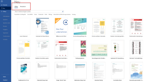 Word-Vorlagen von Microsoft im Menü Neu