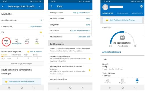 Verschiedenen Screenshots der MyFitnessPal Ernährungs App