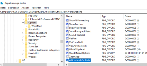 DWORD-Eintrag officestartdefaulttab