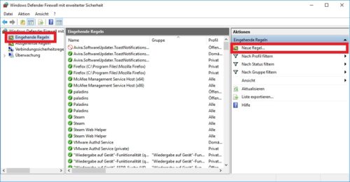 Die eingehenden Regeln in der Windows Firewall