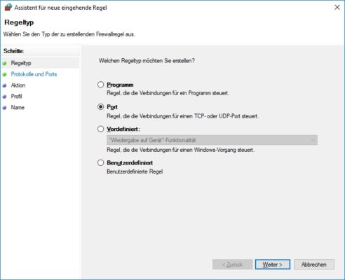 Assistent für neue eingehende Regel in der Windows Defender Firewall