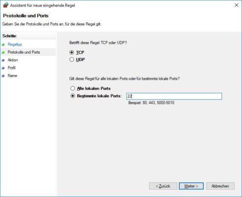 Assistent für neue eingehende Regel in der Windows Defender Firewall