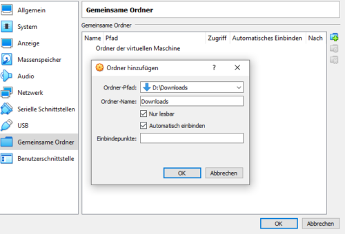 Gemeinsamer Ordner in VirtualBox