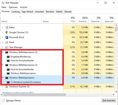 Mehrfacher conhost.exe-Prozess im Task-Manager von Windows 10
