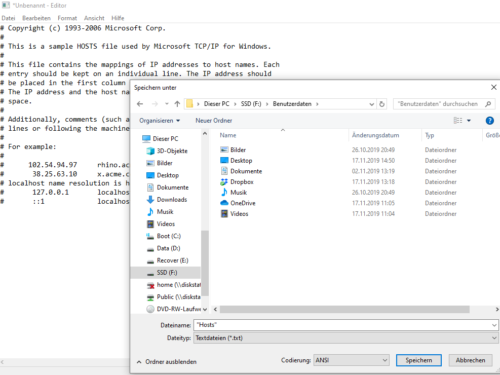 Hosts-Datei Windows 10 zurücksetzen