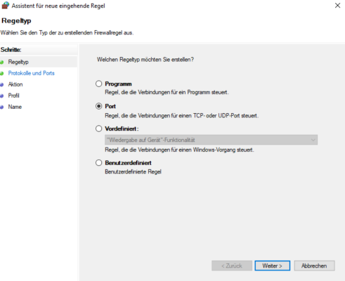 Mit der Firewall können Sie einen Port freischalten