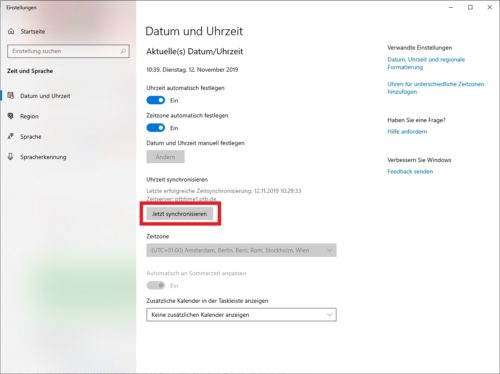 Button zur manuellen Synchronisation der Windows Uhr am PC