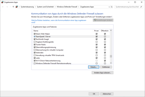 zugelassene Apps der Firewall