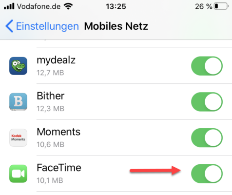 Mobiles Netz für FaceTime deaktivieren