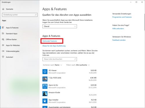 Windows 10 Optionale Features 