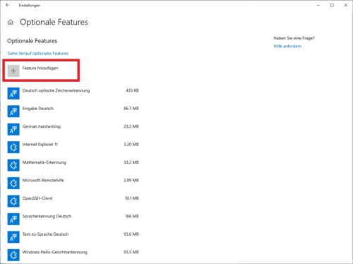 Windows 10 optionales Feature hinzufügen