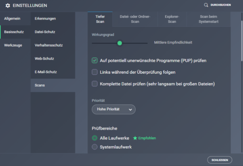 AVG Scaneinstellungen