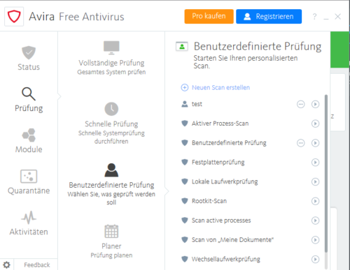 Avira Free Antivirus Scaneinstellungen