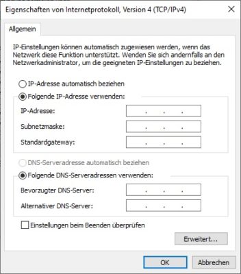 IPv4 Eigenschaften DHCP nicht aktiviert