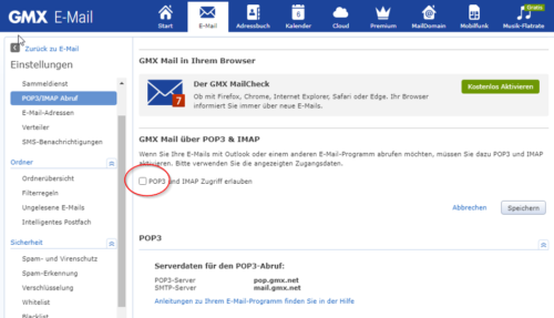 GMX POP3 und IMAP-Zugriff erlauben