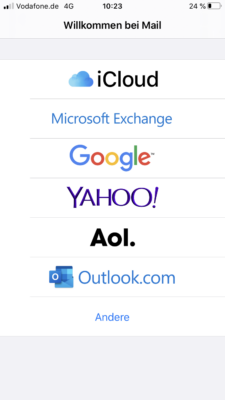 Auswahl verschiedener Mailanbieter auf dem iPhone