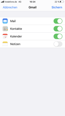 Mail, Kontakte, Kalender und Notizen von Gmail einbinden