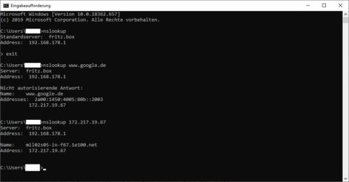 nslookup Anfragen und Antworten