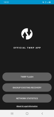 Startseite der deutschen TWRP Manager App für Android
